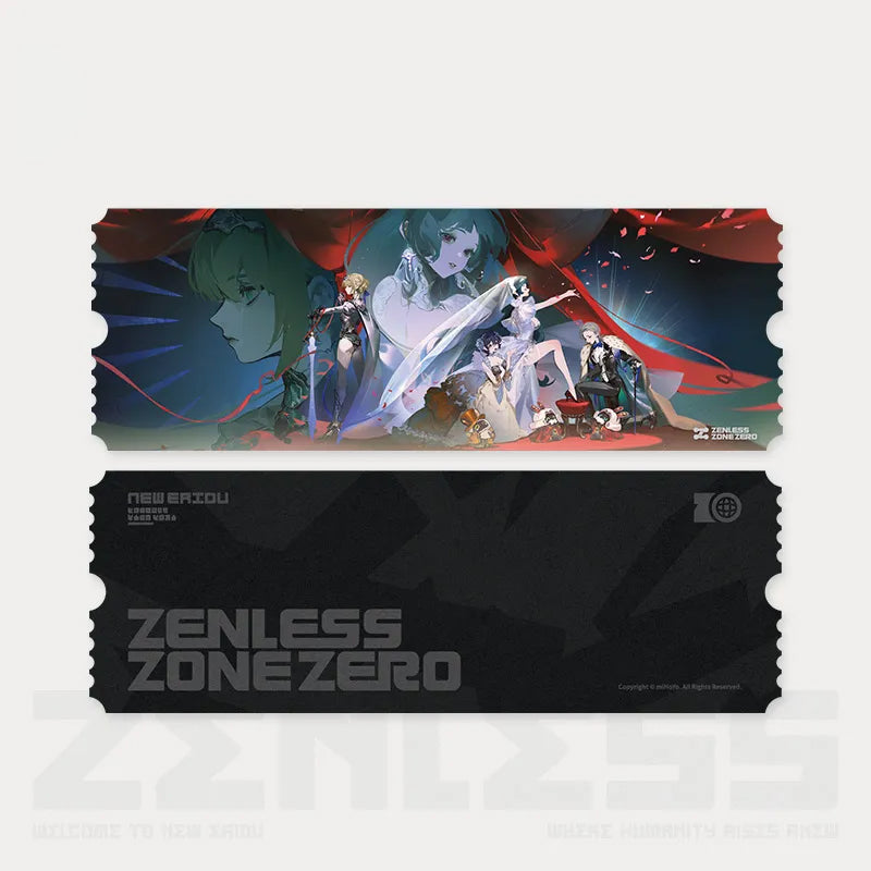 Collectible holographic ticket from the Zenless Zone Zero Duet Frequency: Shining Moment Series, featuring a vibrant group illustration of characters in performance outfits with silver foil detailing