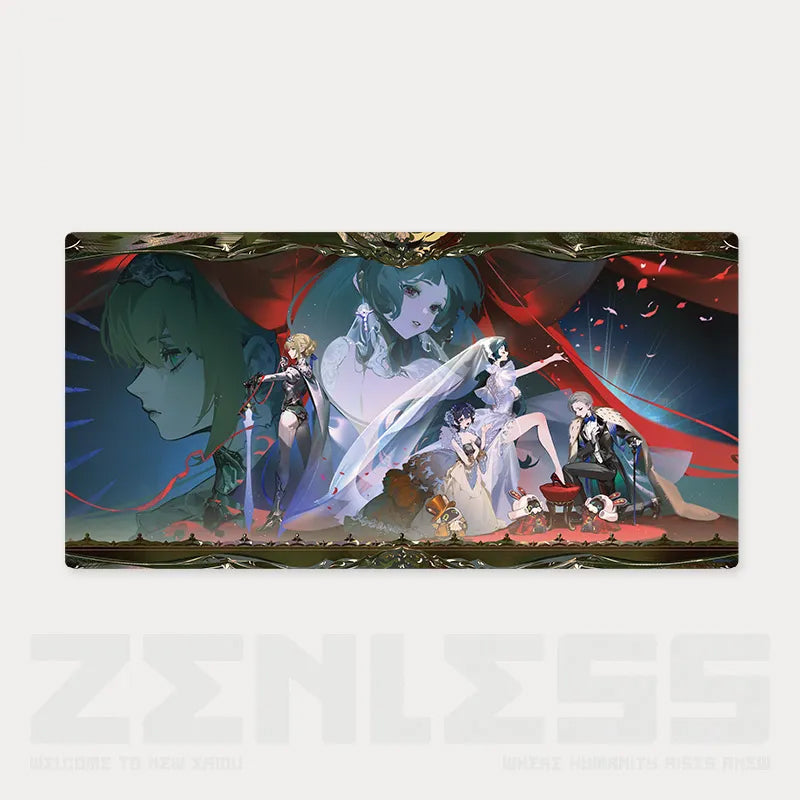 Extra-large gaming mouse pad from the Zenless Zone Zero Duet Frequency: Shining Moment Series, featuring a vibrant full-color group illustration of characters in concert outfits, set against a dramatic dark backdrop with bold red and teal accents, made with a non-slip rubber base and smooth polyester surface.
