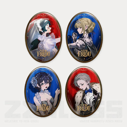 Four oval tinplate pins from the Zenless Zone Zero Duet Frequency: Shining Moment Series, with red and blue backgrounds featuring characters Lycaon, Wise, Belle, and Anby Demara, each with gold foil detailing and a “NEW ERIDU” logo.
