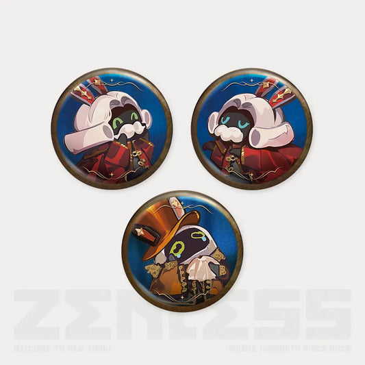Three collectible round tinplate pins from the Zenless Zone Zero Duet Frequency: Shining Moment Series, featuring small robot characters in stage outfits. 