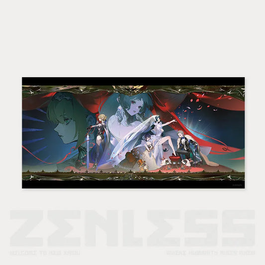Collectible art poster from the Zenless Zone Zero Duet Frequency: Shining Moment Series, featuring a vibrant full-color group illustration of characters in concert outfits
