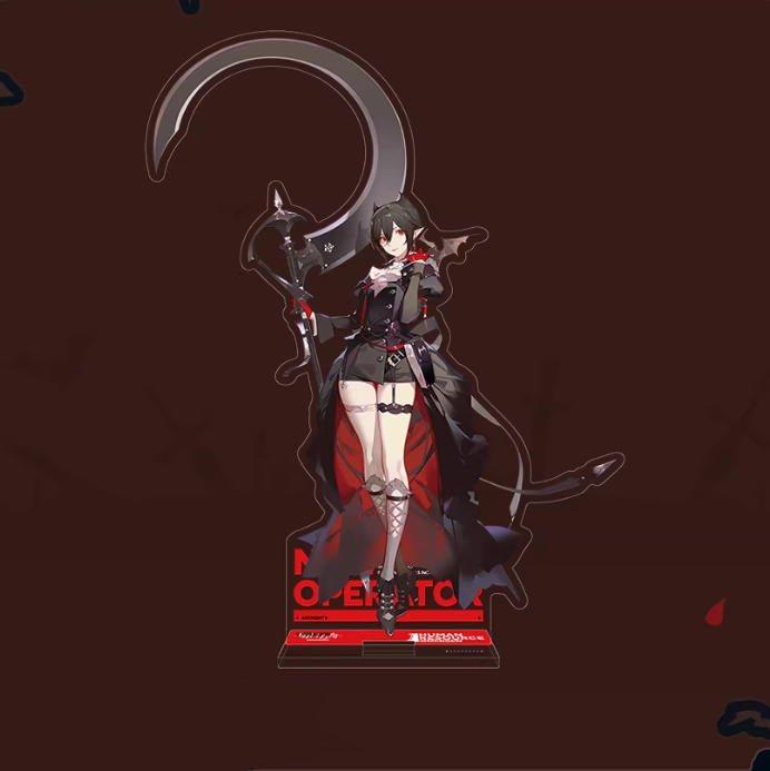 Acrylic standee of Entelecheia from Arknights, featuring her imposing combat outfit with a massive scythe and dramatic red and black accents, displayed against a dark brown background with a red "NEW OPERATOR" base.
