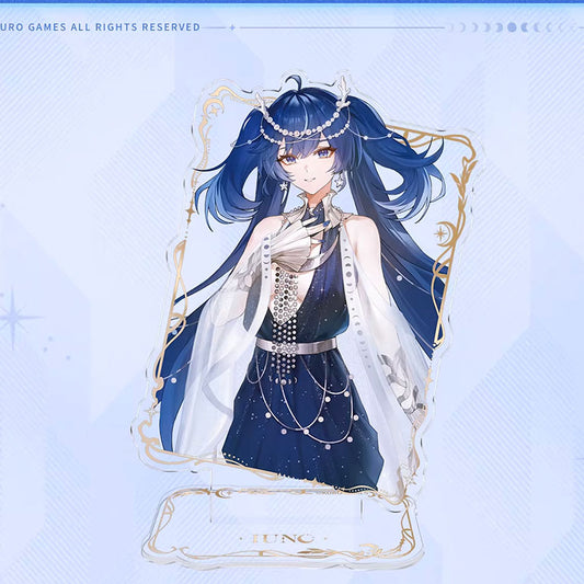 This is the Fashion Impression Series June acrylic standee, featuring her elegant dark gown, delicate chain details, and a luxurious gold foil frame.