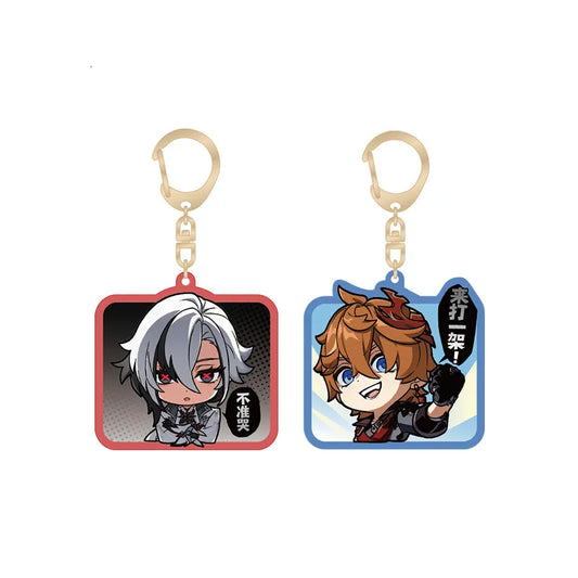 Chibi-style acrylic keychain set featuring two Fatui Harbinger characters: Arlecchino with a red border and “Not Interested” text, and Tartaglia with a blue border and “Fight Me” text. 