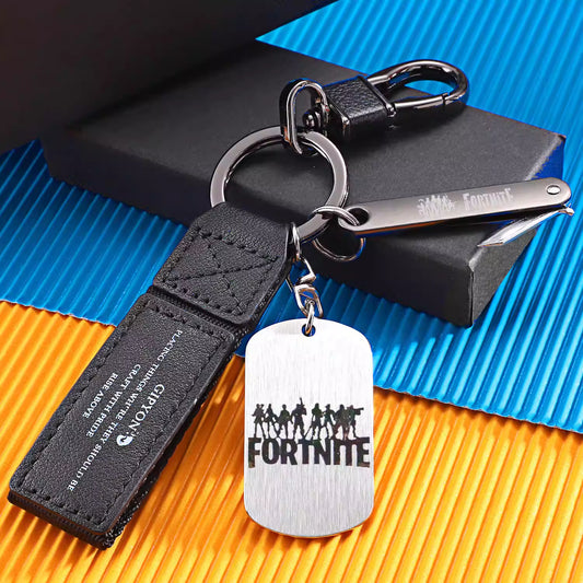 Level up your everyday carry with this premium Fortnite-themed keychain, featuring a sleek, brushed stainless steel dog tag paired with a durable, stitched leather strap for the ultimate gaming aesthetic.
