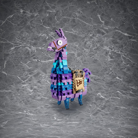 Finished Fortnite Supply Llama on gray marble surface: closed saddle, purple-blue blocky texture, iconic llama head design.