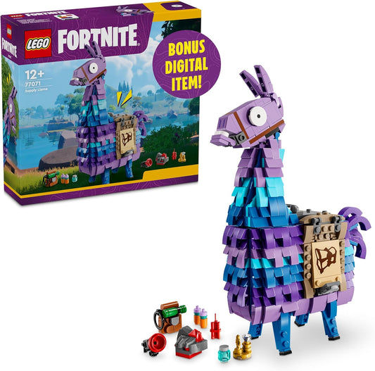 Completed  Fortnite Supply Llama with its box, plus scattered loot pieces (potions, tools), labeled "BONUS DIGITAL ITEM!".