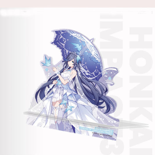 Azure Skies Fu Hua acrylic phone stand featuring a blue dress and bird motifs for Honkai Impact 3rd gaming setups.