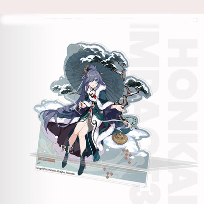 Fu Hua Snow Watch acrylic phone stand with traditional oil-paper umbrella for Honkai Impact 3rd fans' office decor.