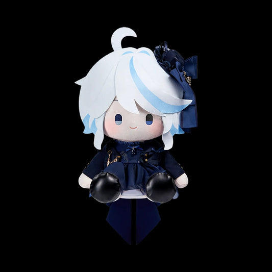 Furina themed sitting plush doll from Genshin Impact, made of soft polyester fiber with detailed outfit, ideal as a collectible game gift for fans.