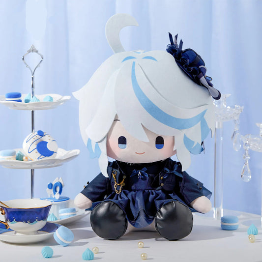 Genshin Impact Furina sitting plush doll made of soft polyester fiber, featuring detailed design, ideal as a collectible game gift.
