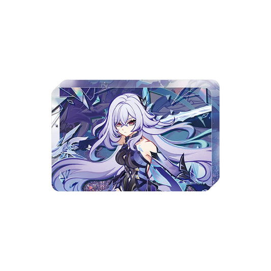 Anime-style acrylic quicksand stand featuring a long silver-purple haired character with a cosmic, geometric purple and blue backdrop, enhanced with hot-stamped silver details and filled with sparkling, flowing glitter.