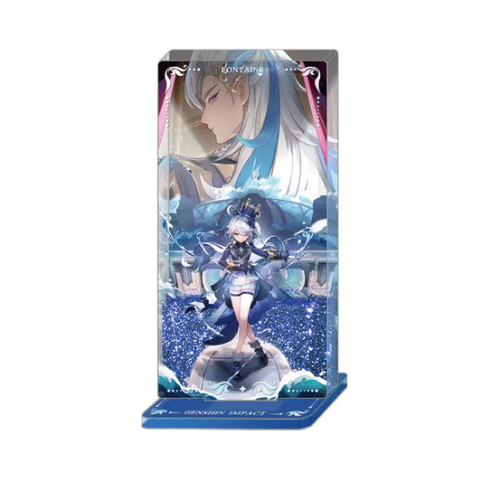 Genshin Impact Furina liquid sand acrylic stand, showcasing the Hydro Archon in her elaborate white and blue outfit, set against a shimmering bed of blue glittery sand. 