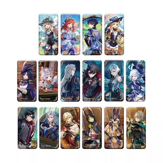 Character Lineup: Top characters from Fontaine and Sumeru, like Kaelinde, Higwen, etc.Craftsmanship: Laser and hot gold stamping, glossy with gold frame.
