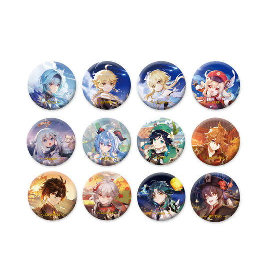 Genshin Impact Multi-Character Themed Tin Pin Set: 12 round tin pins featuring popular game characters such as Ganyu, Klee, Narcida, and Kaedehara Kazuha, adorned with character-specific motifs and the character's name at the bottom. A collector's set for Genshin Impact fans.