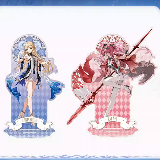 A set of two Glowing Light & Shadow Series acrylic standees, featuring Cartethia (in a blue-toned, elegant design) and Lupa (in a dynamic red-themed pose), each with a stained-glass style backdrop and branded base.