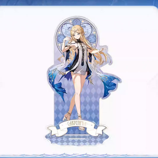 An acrylic standee of Cartethia from the Glowing Light & Shadow Series, showcasing her graceful blue-and-white outfit, flowing ribbons, and a stained-glass inspired decorative backdrop.