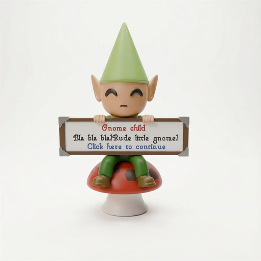OSRS 3D model: The iconic Gnome Child sitting on a red mushroom, holding a sign with a game dialogue box.