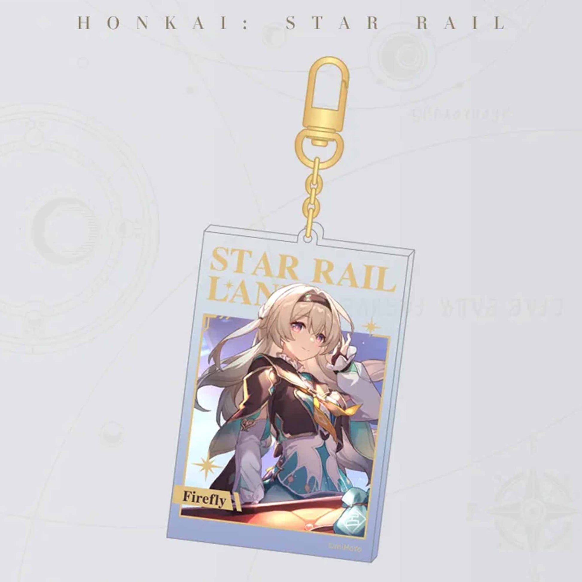 A single Honkai: Star Rail acrylic card keychain with a gold carabiner. It depicts Firefly, with “STAR RAIL LANE” in gold foil and the character’s name at the bottom.