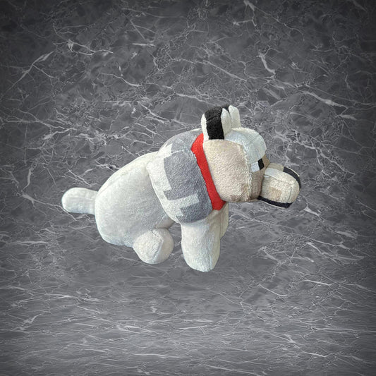 Gray Wolf Enderman Figurine plush toy, side view, soft fabric with red collar, displayed on a gray marble background