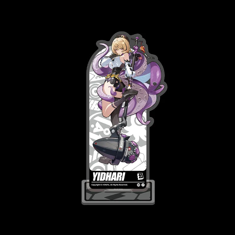 Acrylic stand from the Character Art Series of Zenless Zone Zero, featuring vibrant full-color artwork of Guaidan House member Iridessa in her striking purple-themed outfit, displayed on a light beige background with an intricate decorative backplate.