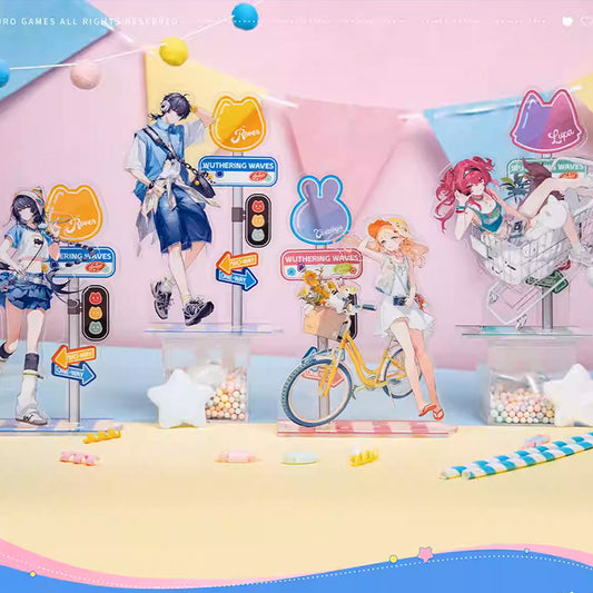 A full display of Wuthering Waves Heart Domain Resonance Series acrylic standees, featuring 4 characters in summer outfits with playful props like a bicycle and shopping cart, set against a pastel backdrop.