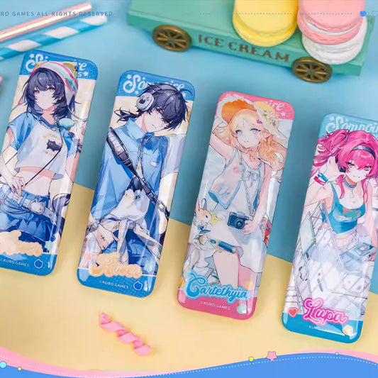 A vibrant flatlay of four long Wuthering Waves badges, featuring Rover (female), Rover (male), Carteithya, and Lupa, set against a pastel summer-themed backdrop.