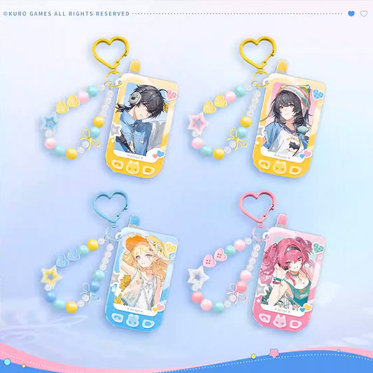 Four acrylic beaded charms from Wuthering Waves’ Heart Resonance Series, each with a phone-shaped design, heart clasp, and colorful beaded strap, featuring different characters.