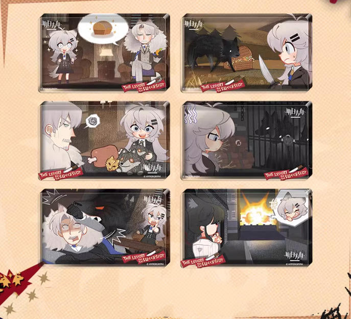 Set of six acrylic blocks from Arknights' Heir's Compulsory Course event, displayed against a light peach background. Each block features a unique comic-style panel with expressive character interactions and key story moments, capturing the event's charming narrative in vivid detail.