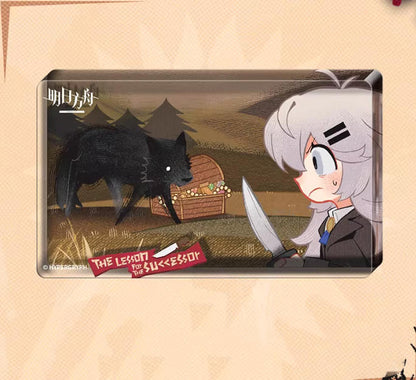Acrylic block from Arknights' Heir's Compulsory Course event, set against a light peach background. The comic-style panel shows a tense standoff between a character holding a knife and a black wolf near a treasure chest, with a red "THE LESSON" banner at the bottom, capturing the event's dramatic tone.