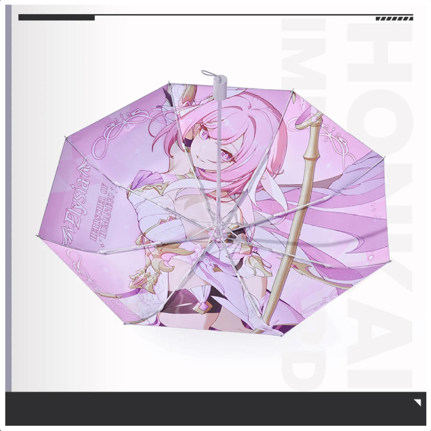 Honkai Impact 3rd themed umbrella featuring Elysia as the Herrscher of Human, with her signature pink and blue design on a UPF 50+ polyester canopy.