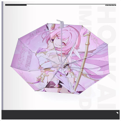 Honkai Impact 3rd themed umbrella featuring Elysia as the Herrscher of Human, with her signature pink and blue design on a UPF 50+ polyester canopy.