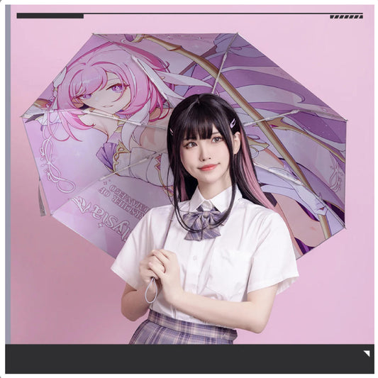 Honkai Impact 3rd themed umbrella featuring Elysia as the Herrscher of Human, with her signature pink and blue design on a UPF 50+ polyester canopy.
