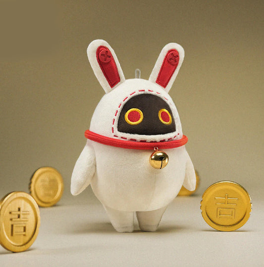 It is a rabbit-eared Bangboo, crafted from soft white plush fabric with striking red accents. Its ears feature red inner panels with stitched “X” details, while its black face panel is framed by red stitching and adorned with two round, yellow-and-red embroidered eyes.
