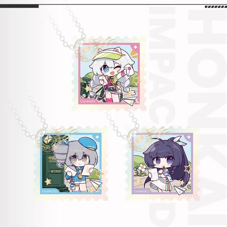 Honkai Impact 3 Travel Theme Acrylic Pendant Family Photo, featuring all three Q-version stamp-style pendants of Kiana, Mei, and Bronya, paired with silver bead chains.