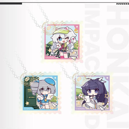 Honkai Impact 3 Travel Theme Acrylic Pendant Family Photo, featuring all three Q-version stamp-style pendants of Kiana, Mei, and Bronya, paired with silver bead chains.