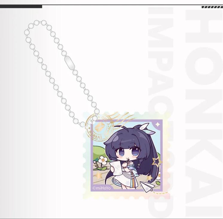 Honkai Impact 3 Travel Series Acrylic Pendant - Mei Version, Q-version stamp design with a purple background and adorable illustration, paired with a silver bead chain, delicate and translucent.