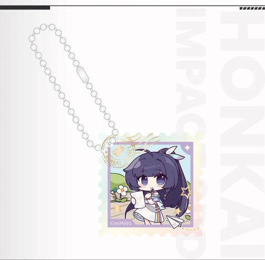 Honkai Impact 3 Travel Series Acrylic Pendant - Mei Version, Q-version stamp design with a purple background and adorable illustration, paired with a silver bead chain, delicate and translucent.
