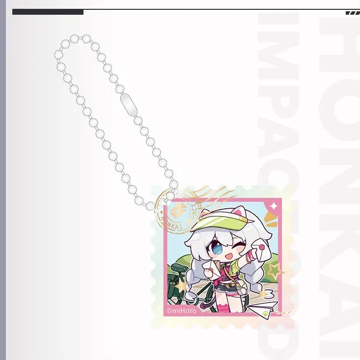 Honkai Impact 3 Travel Series Acrylic Pendant - Kiana Version, Q-version stamp design with a pink background and lively illustration, paired with a silver bead chain, vibrant in color.