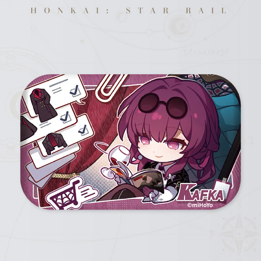 This badge shows a chibi Kafka relaxing in a chair, planning outfits with a shopping cart icon and clothing checklist. The pink-toned design captures her elegant yet playful side.