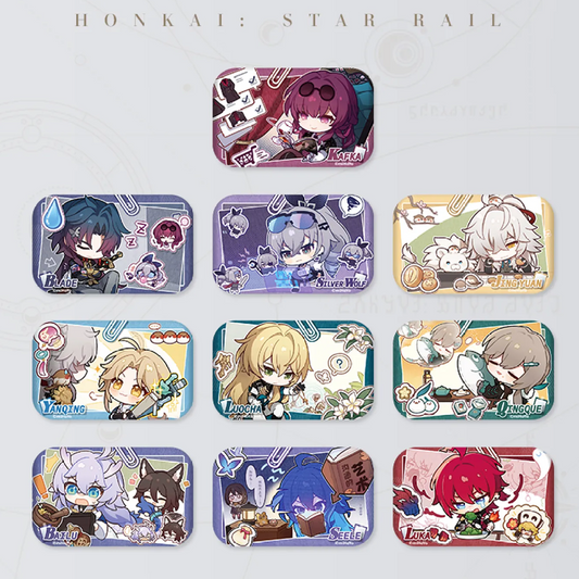 Honkai: Star Rail rectangular tinplate pin set display featuring multiple chibi characters, full-color printing with a glitter base and partial UV finish, anime-style collectible merchandise.