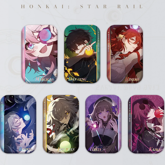 This image displays a full set of 7 rectangular Honkai: Star Rail badges, featuring characters like March 7th, Dan Heng, and Kafka. They’re arranged on a light, elegant background, showcasing their vibrant, shimmering designs.