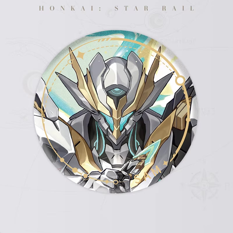 At the center of the image is a mecha character clad in silver and gold armor, with a unique head design featuring spiky decorations and a prominent single eye. 