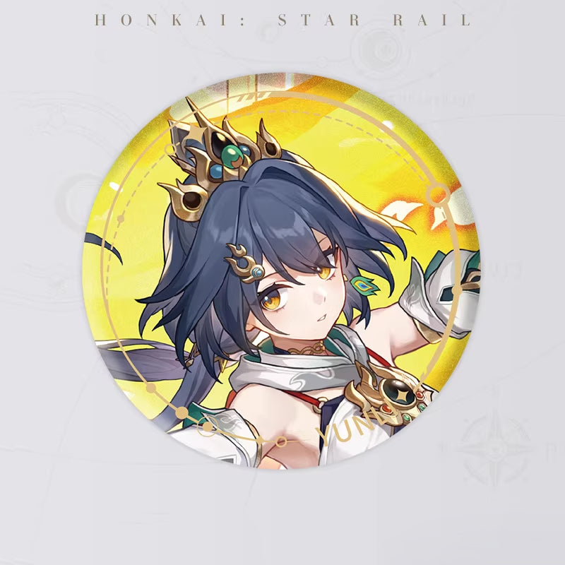 She has long dark blue hair, adorned with a golden headpiece featuring turquoise decorations, and wears peacock feather-shaped accessories near her ears. 