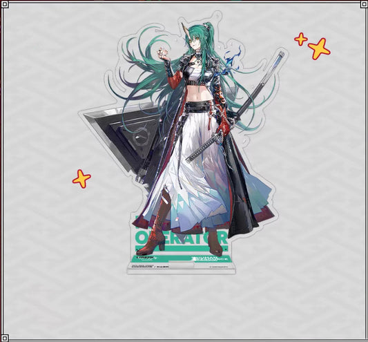 Acrylic standee of Hoshiguma the Breacher from Arknights, featuring her teal hair and striking battle attire, with a clear "OPERATOR" base on a clean white background.