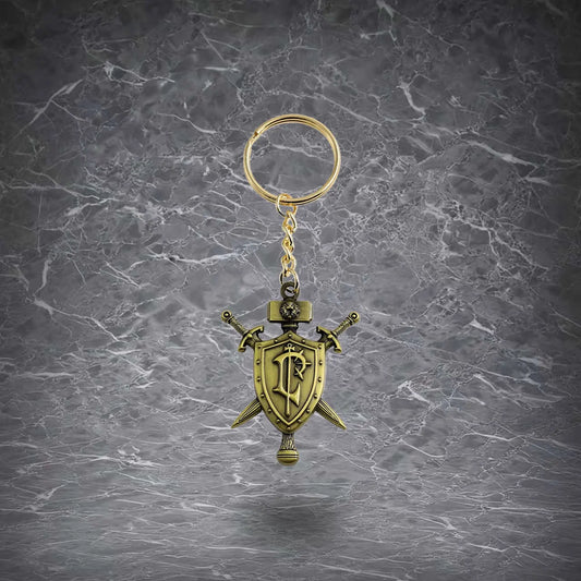 Alloy metal keychain featuring a human alliance emblem with crossed swords, vintage finish, and detailed engraving, perfect as a collectible or bag charm.