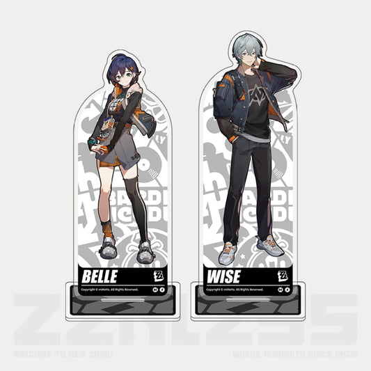 This acrylic stand from the Zenless Zone Zero Illustration Series Proxy collection features two characters, Belle and Wise, displayed against a gray and white graffiti-style background, designed for fans of the game.