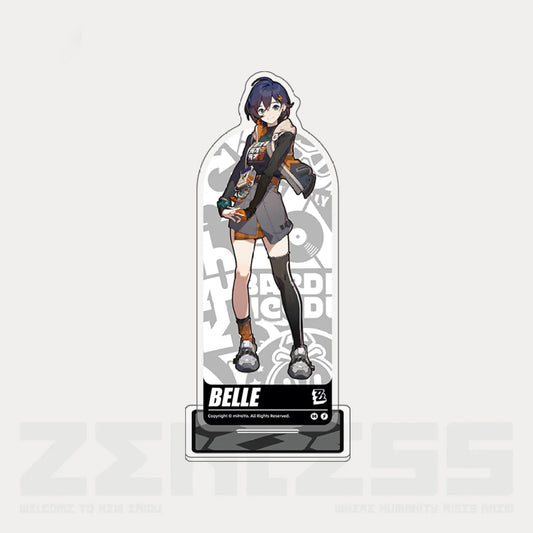 This acrylic stand from the Zenless Zone Zero Illustration Series Proxy collection showcases the character Belle, set against a gray and white graffiti-style background, perfect for fans of the game.