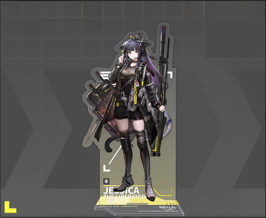 Full-body acrylic stand of operator Jessica the Blaze in tactical combat gear, set against a dark gray geometric background with a yellow and black display base.