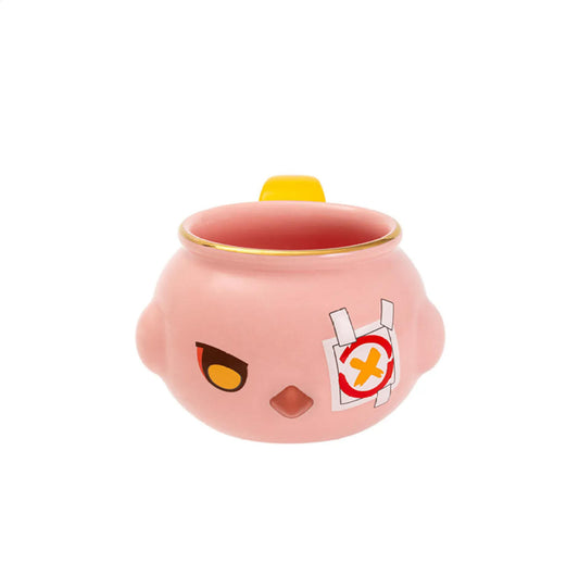 This Genshin Impact Kakuku ceramic mug features a pink, rounded design with the character’s grumpy expression and signature bandage, plus a gold-rimmed cup mouth.